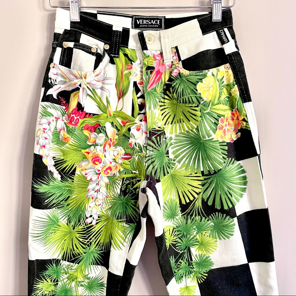 Vintage 90s Versace B&W Checkerboard Orchids Pants - 28 - Picture 2 of 9
